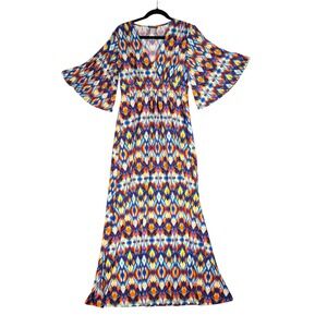 Multicolor Geometric Ikat Cold Shoulder Bell Sleeve Maxi Dress Fairy Boho Medium